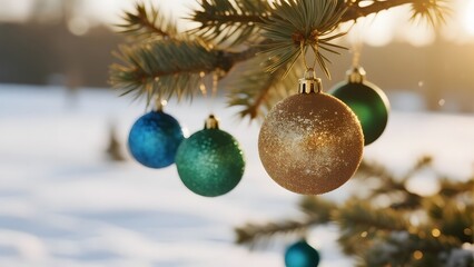 Colorful Christmas Ornaments Hanging on a Snowy Pine Tree Branch