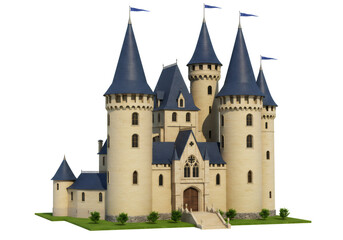 砂岩色の城と紺色の屋根 透明な背景にそびえる複数の塔 青い旗と緑の草の装飾が施された中世の建築物
