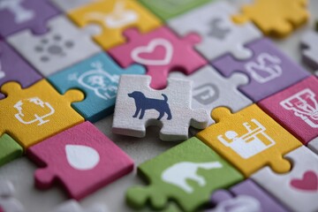 Fototapeta premium Living with pets checklist concept. Colorful puzzle pieces with various icons, featuring a dog piece in focus.