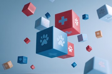 Living with pets checklist concept. Colorful floating blocks with pet-related symbols against a blue background.