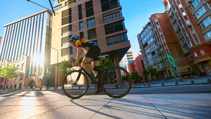 Cyclist in colorful jersey riding road bike past urban architecture with sunlight. Concept of...