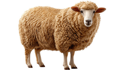 Fototapeta premium Woolly Sheep Portrait: A single, well-groomed sheep stands in proud profile, its fleece a rich, inviting texture, captured in a clean, studio-like environment, conveying a sense of rustic charm.