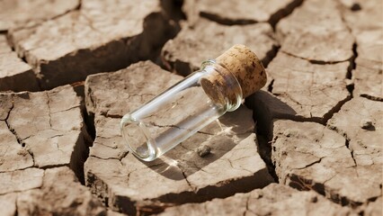 Glass bottle with cork on cracked earth, symbolizing environmental issues