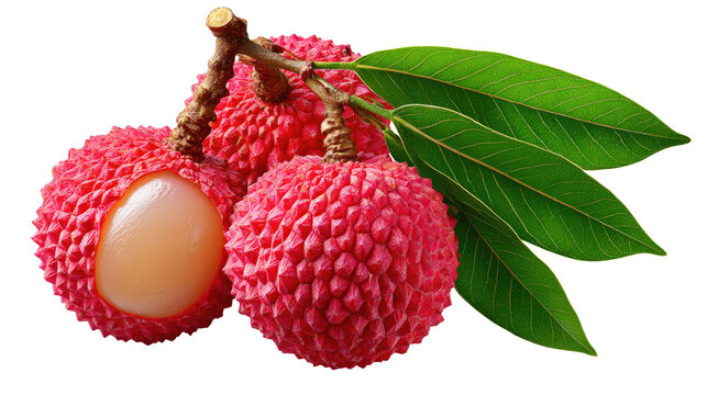 Litchi Fruit Close-up: This image offers a captivating view of freshly harvested litchi fruit, presenting its rough outer skin, juicy interior, and green leaves.