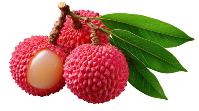Litchi Fruit Close-up: This image offers a captivating view of freshly harvested litchi fruit, presenting its rough outer skin, juicy interior, and green leaves.
