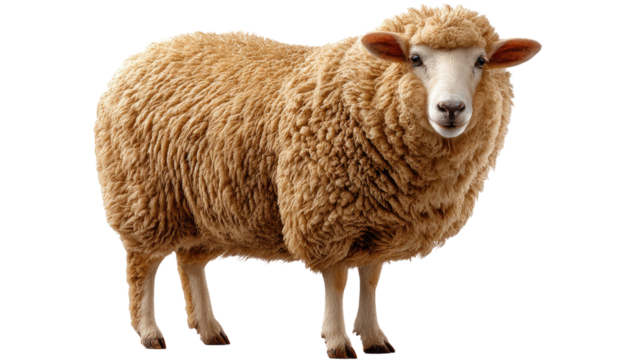 Woolly Sheep Portrait: A single, well-groomed sheep stands in proud profile, its fleece a rich, inviting texture, captured in a clean, studio-like environment, conveying a sense of rustic charm.