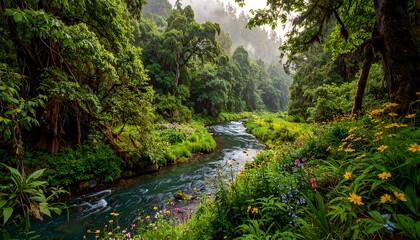 Lush stream winding through a vibrant, tropical forest