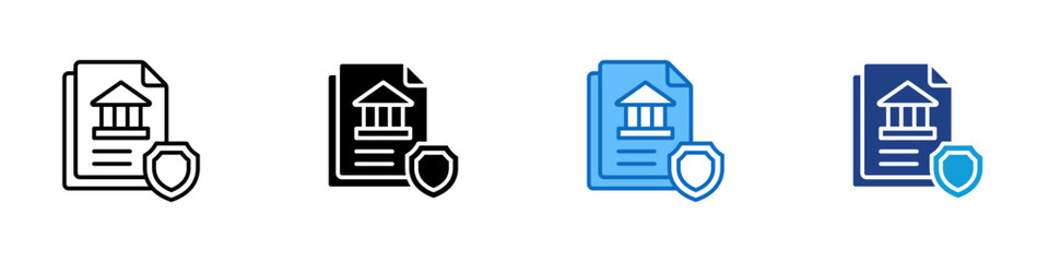 Legal Protection Multiple Style Icon Design Vector - Document with courthouse icon and shield, representing legal protection, security, and official safeguarding