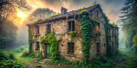 Obraz premium Enchanted Stone House Overgrown with Lush Vines in a Misty Forest at Sunrise