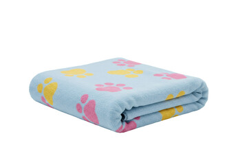 水色タオルにピンクと黄色の足跡模様 折りたたまれたテキスタイルオブジェクト 柔らかな素材の背景