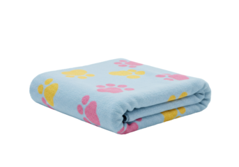 水色タオルにピンクと黄色の足跡模様 折りたたまれたテキスタイルオブジェクト 柔らかな素材の背景