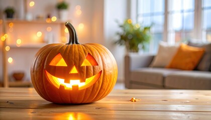 Obraz premium A carved orange pumpkin with a scary face, a classic Halloween jack-o'-lantern decoration, lights up the dark October night