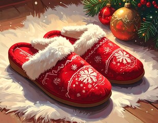 Cozy red slippers on a snowy floor, Christmas decorations