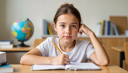 Young girl studying at desk with notebook and globe in classroom