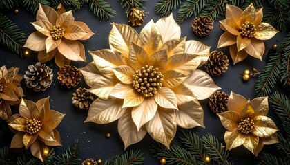 Golden Floral Arrangement with Pine Cones and Greenery Background
