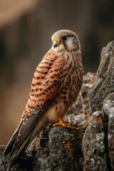 Cinematic close up of kestrel perched rocky ledge sharp gaze into distance hyper detailed wings and talons