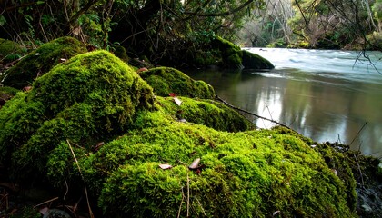 Lush green moss covers rocks beside a flowing river