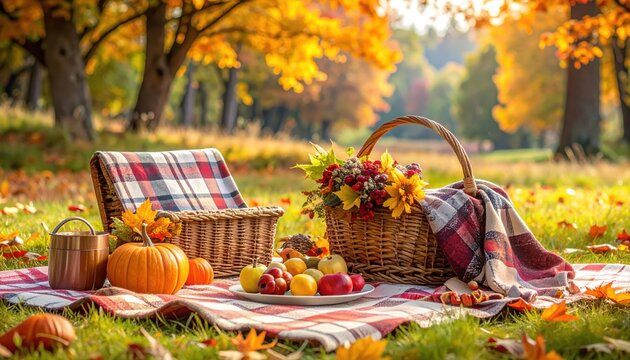 A delightful autumnal picnic basket filled with seasonal fruits and vegetables, beautifully arranged on a checkered blanket in a park.