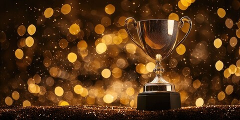 Radiant trophy bathed in studio light, placed on chocolate brown velvet with soft white and gold bokeh