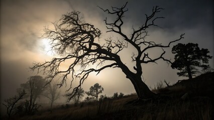 Silhouette of a gnarled tree in ethereal fog with pale light