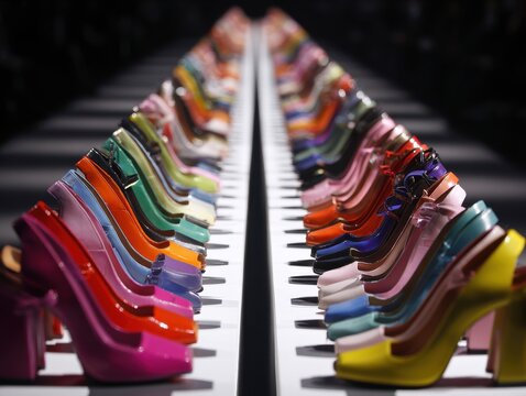 Colorful High Heel Shoes Displayed in Rows on White Shelves, Fashion Footwear - Powered by Adobe