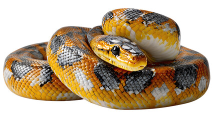 Obraz premium Coiled Serpent: A striking macro photograph captures the detailed textures and patterns of a coiled serpent, revealing its captivating colors and the silent power it holds.