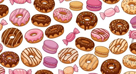 A cheerful and colorful pattern featuring various sweet treats, including donuts, macarons, and candies, arranged in a delightful and appetizing design.