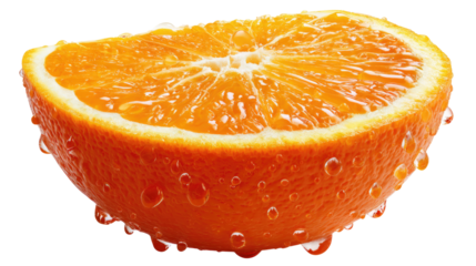 Zesty Citrus Slice: A close-up image showcases a juicy orange slice, glistening with refreshing water droplets, capturing the vibrancy of nature's goodness. 