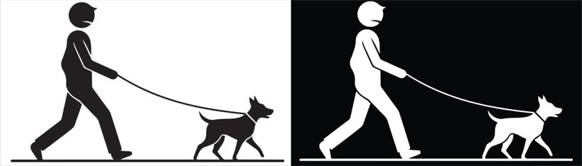 Fototapeta premium Monochrome Graphic of Concerned Person Walking Dog on Leash with Inverted Color Versions