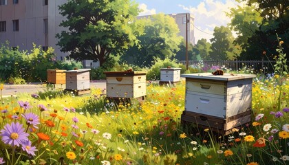 Vibrant meadow filled with wildflowers and beehives in a sunny urban setting.