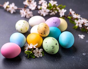 Colorful Easter eggs on dark slate, with spring blossoms