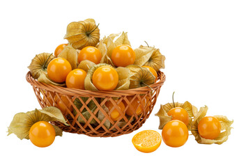 籠に入ったオレンジ色のゴールデンベリー 透明な背景に分離された茶色の籐のバスケット フルーツのクローズアップビュー