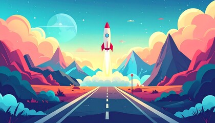 ロケットが発射するイラスト(ビジネスロードマップ)