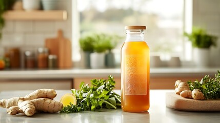 Kombucha bottle with modern label design, placed next to fresh ginger