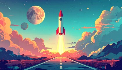 Obraz premium ロケットが発射するイラスト(ビジネスロードマップ)