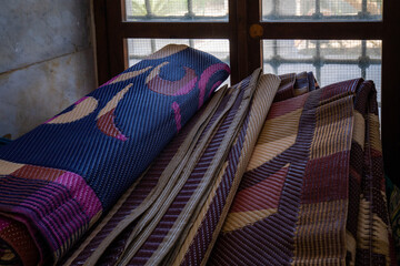 Prayer mats inside the Al Jazzar Mosque in Acre, Akko's old city on a sunny day.
