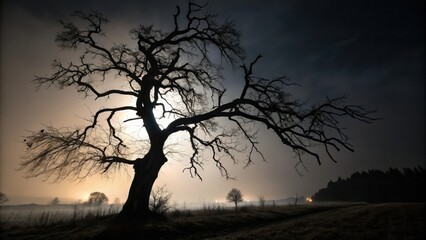 Silhouetted tree against moonlit sky with ethereal mist and dramatic lighting