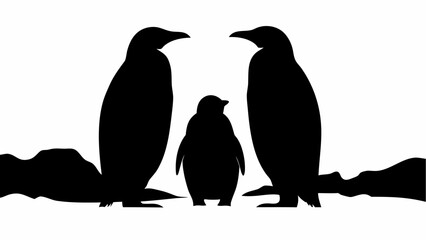 Naklejka premium Silhouette of two adult penguins standing on ice with a baby penguin in the middle on a white background