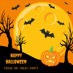Vector Halloween invitation design with scary trees, full moon, bats and pumpkins on dark background. Clean vector Halloween flyer or postcard showing haunted trees, full moon, flying bats and pumpkin