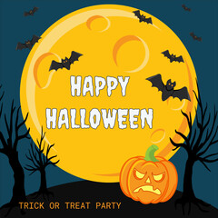 Vector Halloween invitation design with scary trees, full moon, bats and pumpkins on dark background. Clean vector Halloween flyer or postcard showing haunted trees, full moon, flying bats and pumpkin