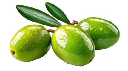 Green Olives: Fresh, vibrant, green olives glistening, artfully arranged on a twig with leaves, evoking the essence of the Mediterranean.