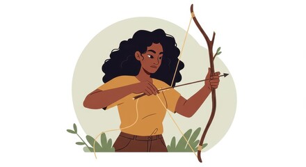 Obraz premium A woman in a yellow top aims her bow and arrow, surrounded by nature, in a calm, focused pose.