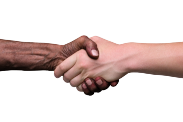 handshake between dark-skinned adult man and caucasian man, greet each other, demonstrate multi-age relationship. Shaking hands. PNG isolated on transparent background