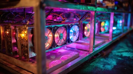 Cryptocurrency Mining Rig with Colorful Cooling Fans and Metal Frame
