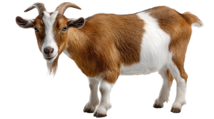 Smiling Goat: A friendly goat with captivating eyes stands proudly, its unique coat and distinctive horns adding to its charm and showcasing the beauty of farm animals