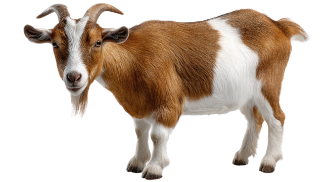 Smiling Goat: A friendly goat with captivating eyes stands proudly, its unique coat and distinctive horns adding to its charm and showcasing the beauty of farm animals