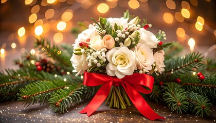 Obraz premium Elegant Bridal Bouquet with White Roses and Pine Decorations