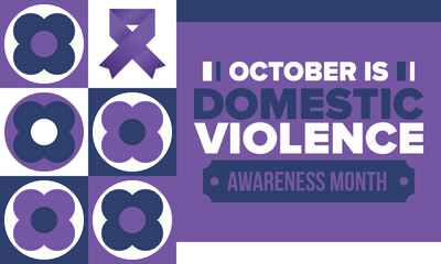 Domestic Violence Awareness Month in October. Celebrate annual in United States. Awareness purple ribbon. Day of Unity. Prevention campaign. Stop women abuse. Poster, banner and background. Vector
