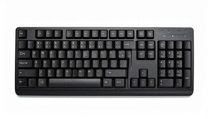 Render a standard black QWERTY computer keyboard with full alphanumeric keys, function row, number pad, and indicator lights, isolated on white background, emphasizing input device design and usabilit