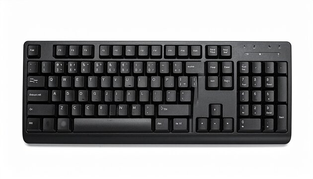 Render a standard black QWERTY computer keyboard with full alphanumeric keys, function row, number pad, and indicator lights, isolated on white background, emphasizing input device design and usabilit